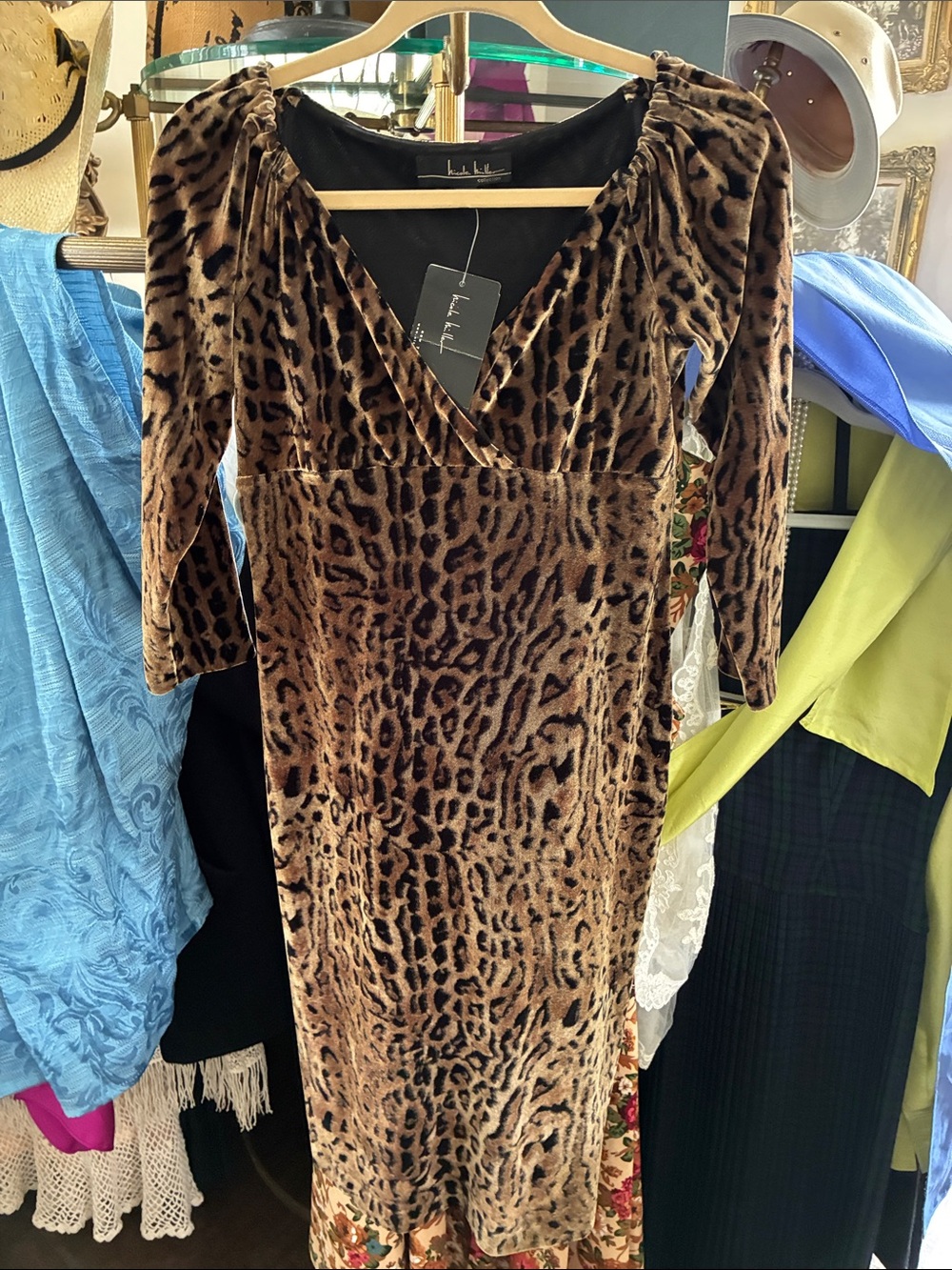 Nicole Miller Brown Leopard Velvet Wrap Midi Dress